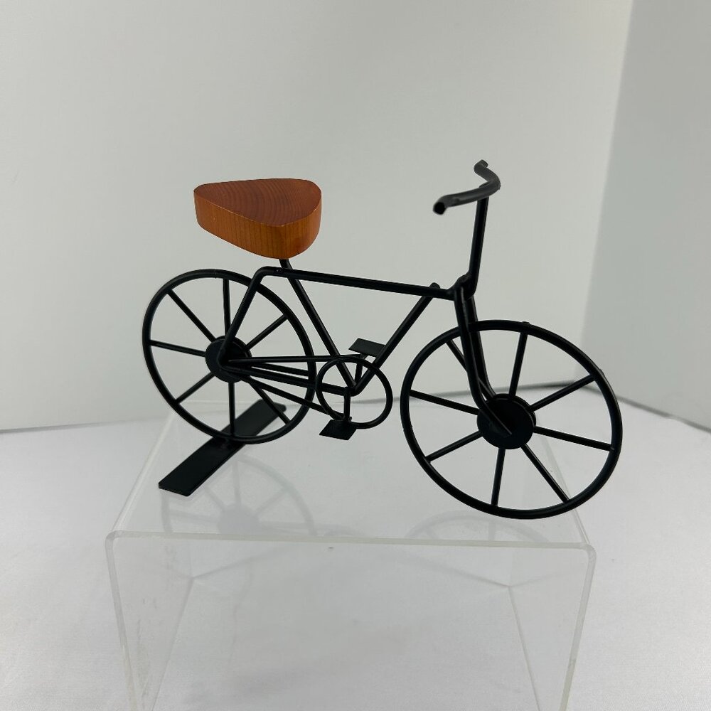 Black Metal Bicycle Bike Wood Seat Table Top Desk Decor Cycling Sculpture